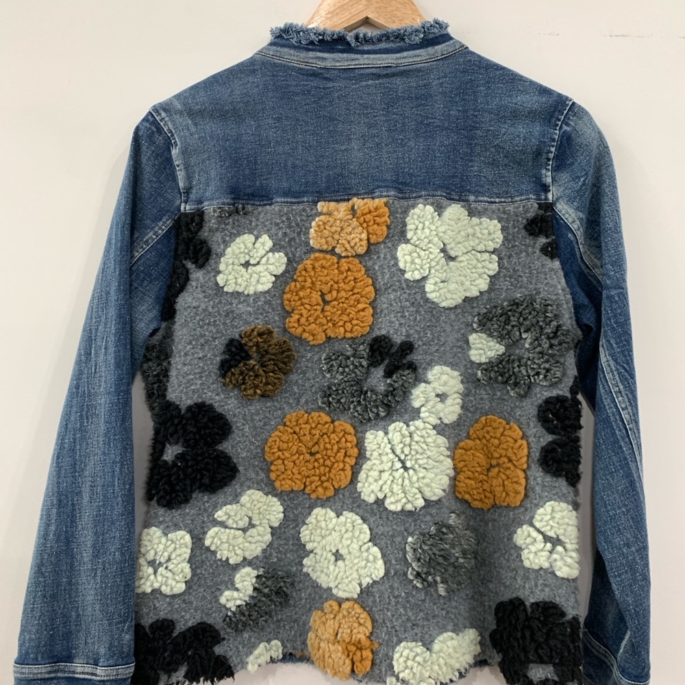 Blue Jean Jacket with Gray Floral Embellishments